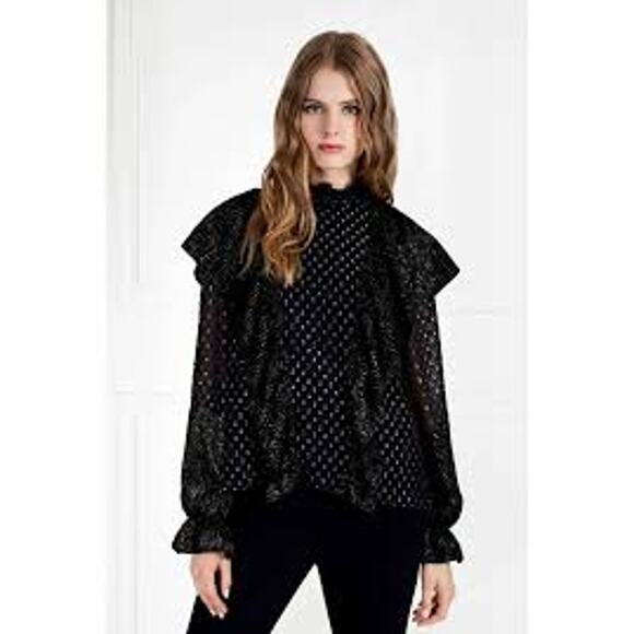 Rachel Zoe Sienna Black Gold Ruffle Fil Coupe Long Sleeve Blouse F18T281 Small 4 - Picture 4 of 7